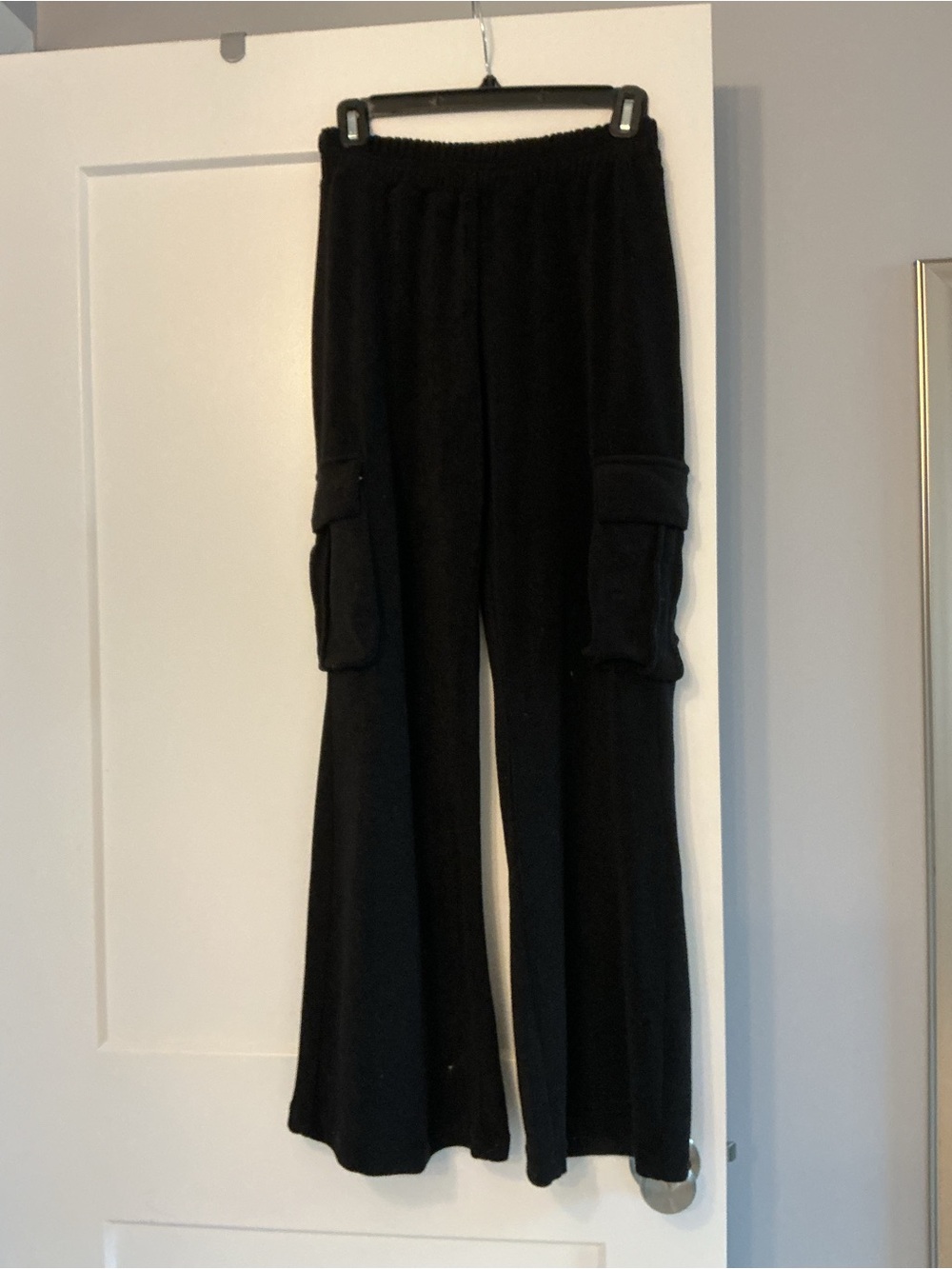 Good American Black Wide-Leg Women's Terrycloth Pants with Drawstring
